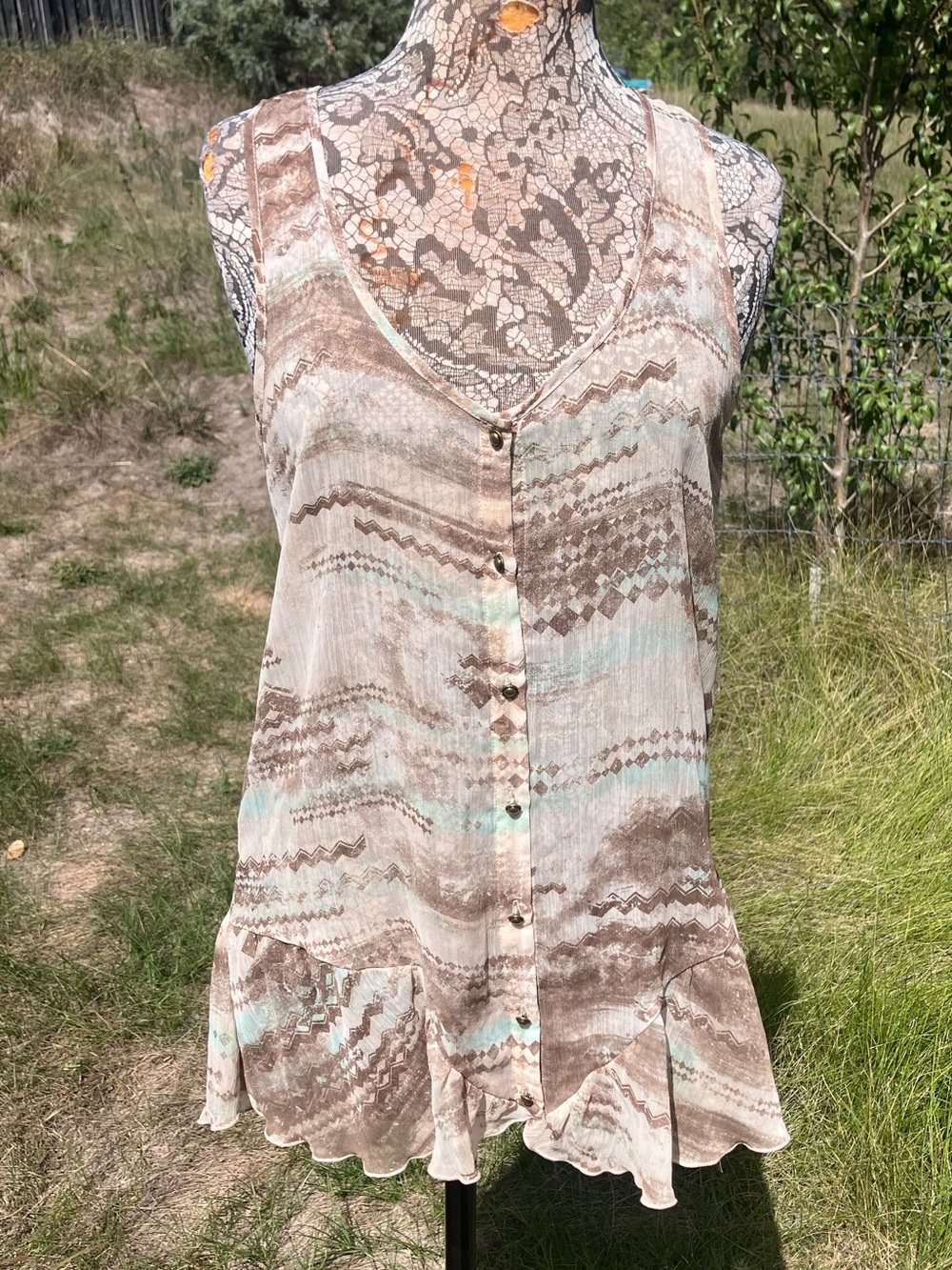 Sheer Brown & Mint Sleeveless Button-Front Women's Top